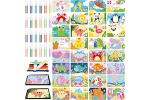 60 Pcs Kids' Sand Art Kits Сolor Sand Art Pictures Peel and Stick 12 Color 32 Pcs Sands Painting Board 2 Sands Painting Tray 