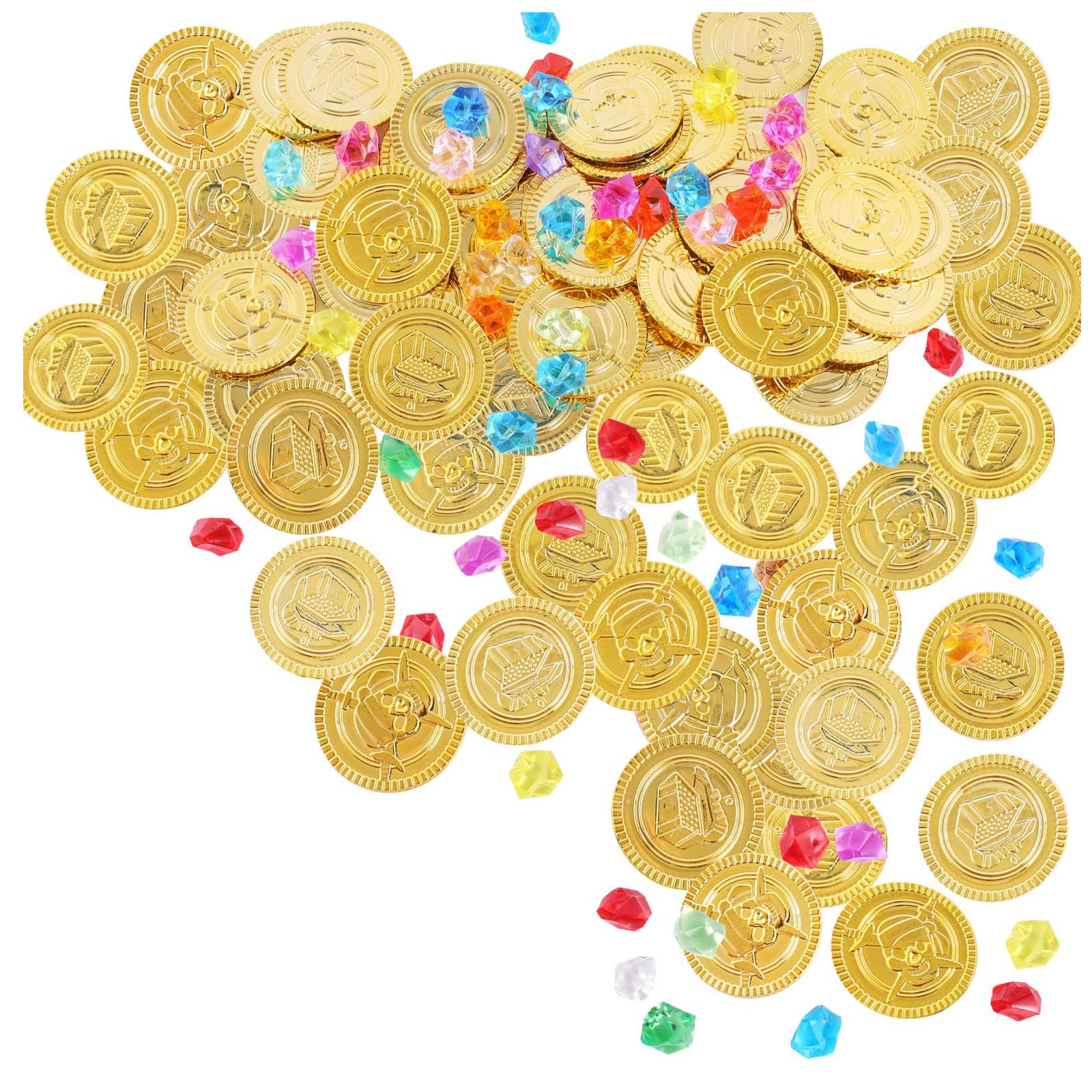 Yuannee Pirate Treasure Coins and Gems,50 PCS Gemsand 50 PCS Gold Coins Pirate Treasure Kids Set Pirates Accessories Kids Treasure Toy for Party Kid Birthday Christmas Halloween Game Props