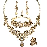 QYJ Jewelry Set for Women, Statement Necklace Dangle Earrings Bracelet Ring, White/KC Gold Plated Jewelry Set with Rhinestone Pearl Crystal Wedding Party Jewelry for Bridal Bridesmaid