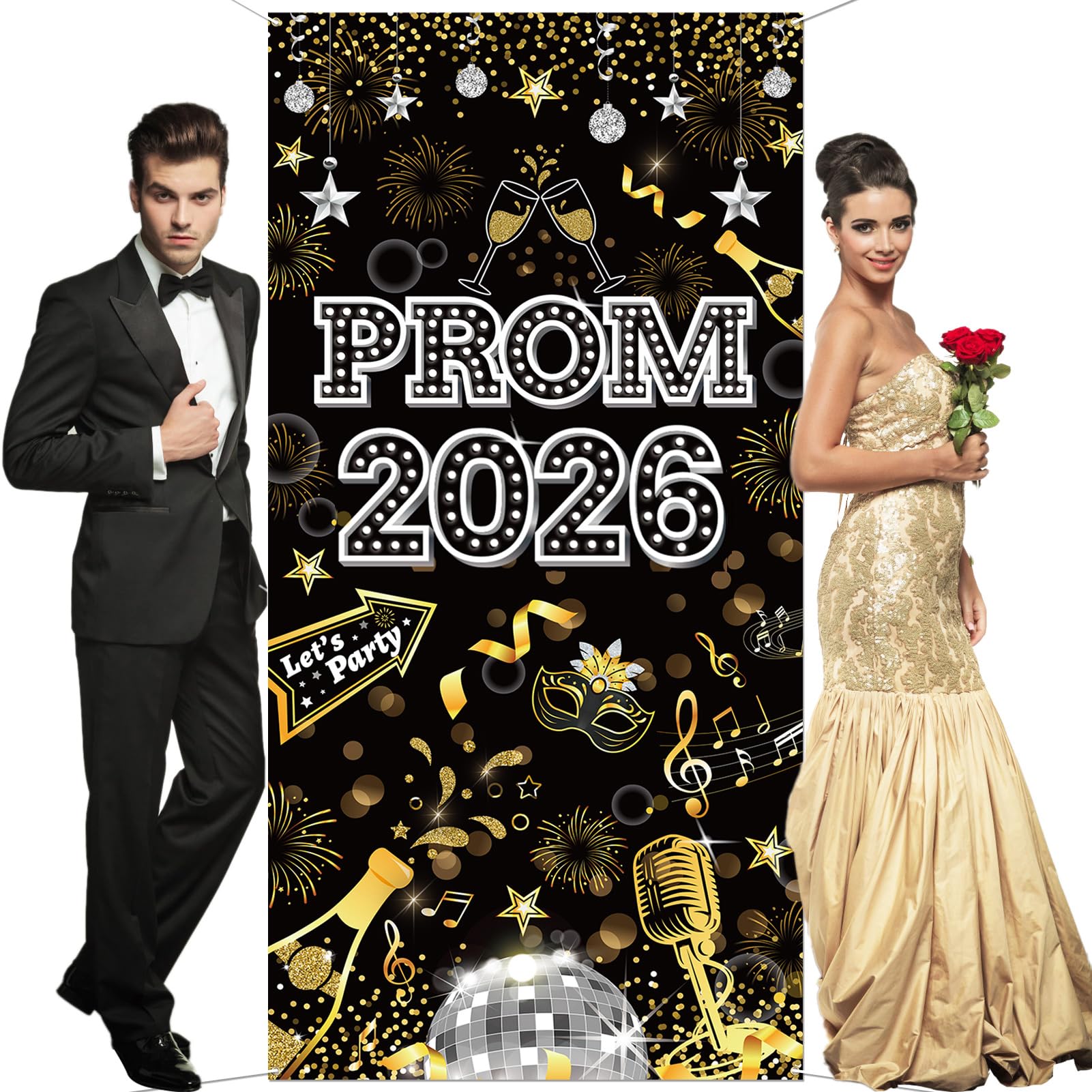 DPKOW Prom Decorations 2026 Prom Night Banner, Fabric PROM Door Banner Door Cover, Black Gold Silver Class of 2026 BANNER Graduation Decorations Indoor Outdoor Photo Backdrop, 185 * 90cm