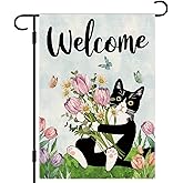 DLZDN Spring Cat Garden Flag Tuxedo Cat Tulip Floral Flag 12×18 Inch Double Side Vertical Burlap Welcome Farmhouse Yard Flag Seasonal Outdoor House Decoration