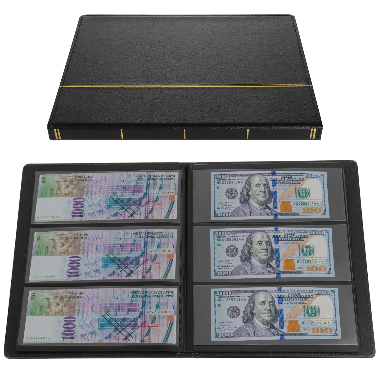 TsunNee Paper Money Collection Album 60 Pockets, Leather Cover Currency Collection Holder Book, Double-sided Paper Money Storage Album, Bill Commemorative Money Penny Holder for Collectors, Black