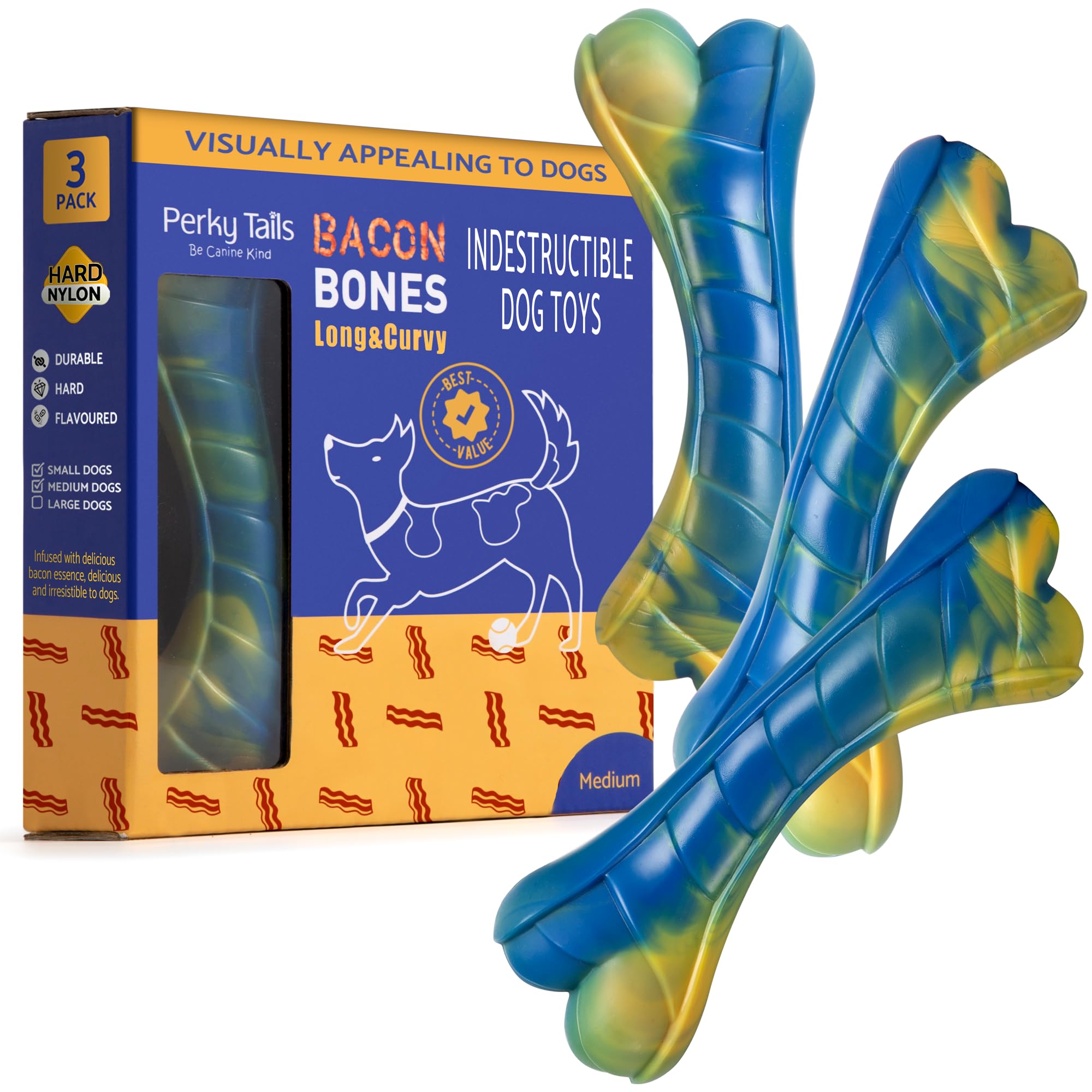 Perky Tails – Almost Indestructible Dog Toys for Small to Medium Dogs – Plastic Dog Toys for Aggressive Chewers, Hard Nylon with Delicious Bacon Flavour, 3-Pack