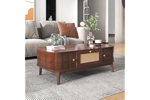 Merax Farmhouse Coffee Table with Storage, Elegant Walnut Wood Tone Coffee Table with Wicker Drawers & Unique Sliding Doors, 