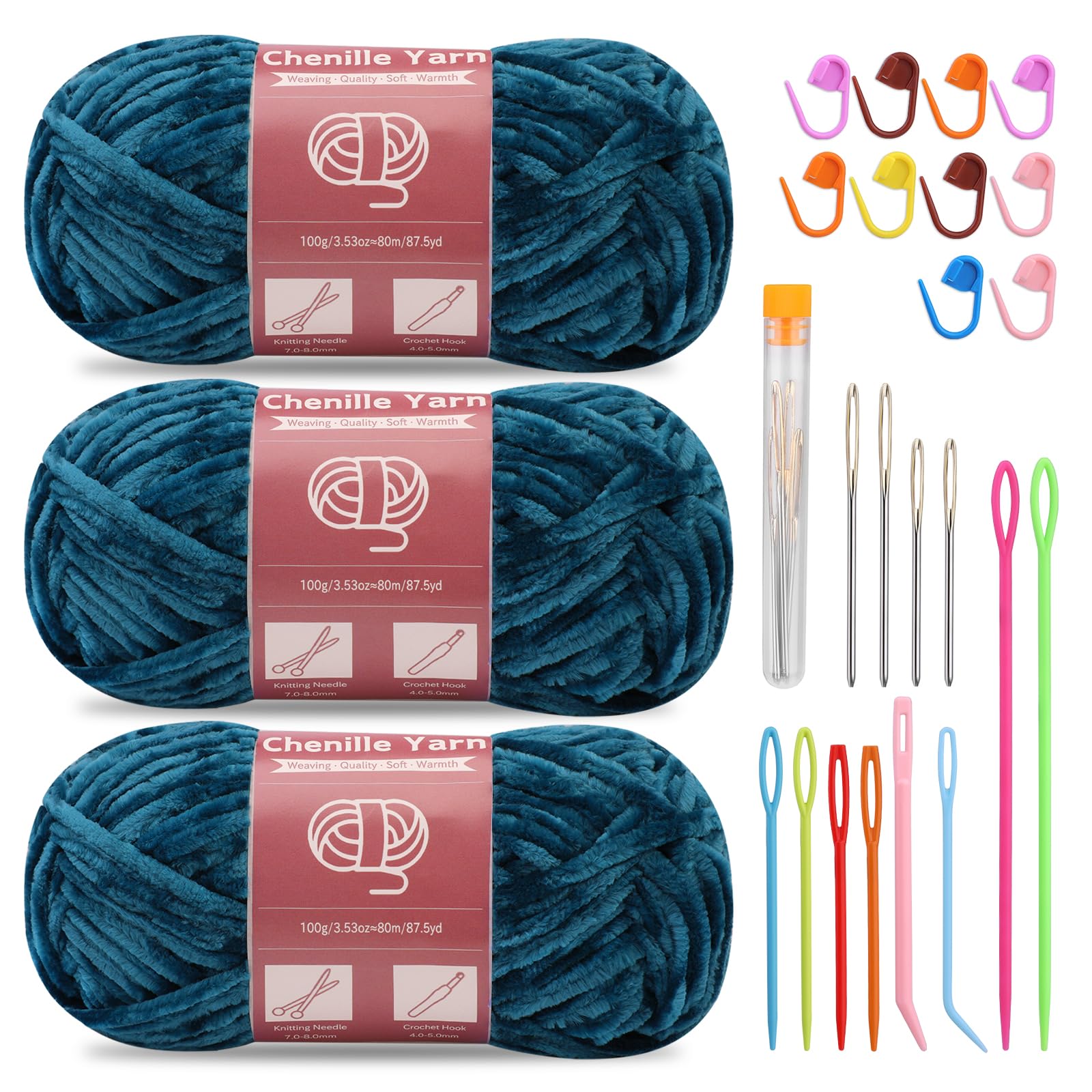 SUVSOON 3 * 100g Chenille Yarn, Velvet Yarn for Crocheting and Knitting with Needles Stitch Marker Handcrafts Weaving Soft Chenille Yarns for Blankets Clothes Pattern Knitting(Marine Green) — image 1