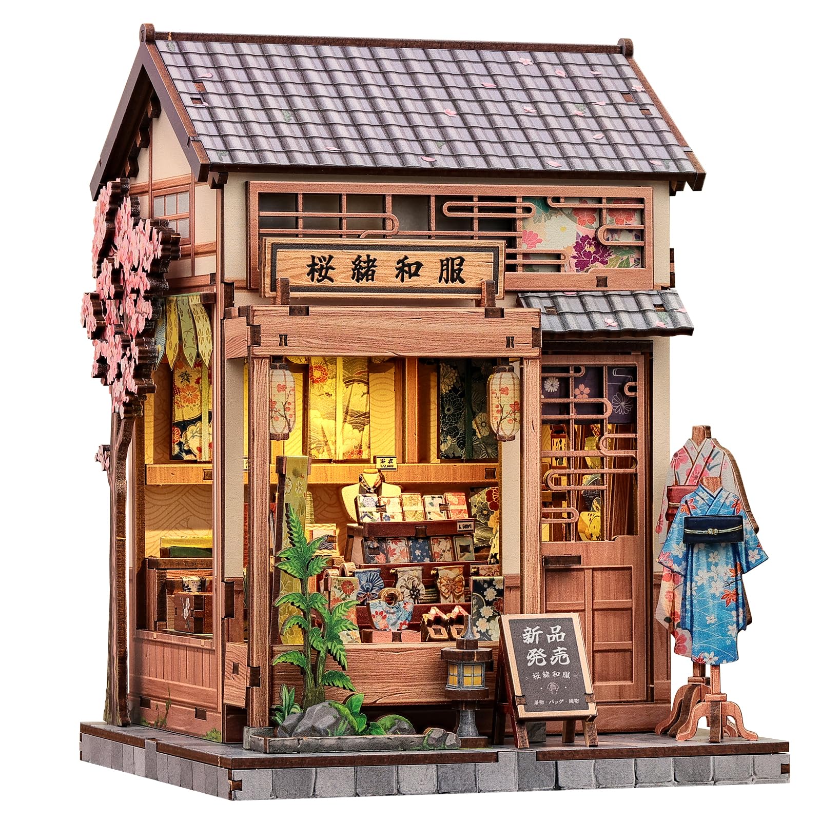 CUTEBEE Book Nook Kit - Japanese Sakura Kimono Shop DIY Dollhouse 3D Wooden Puzzle Booknook for Adults and Teens, Miniature House Bookshelf Decor, Ideal Gift for Family and Friends