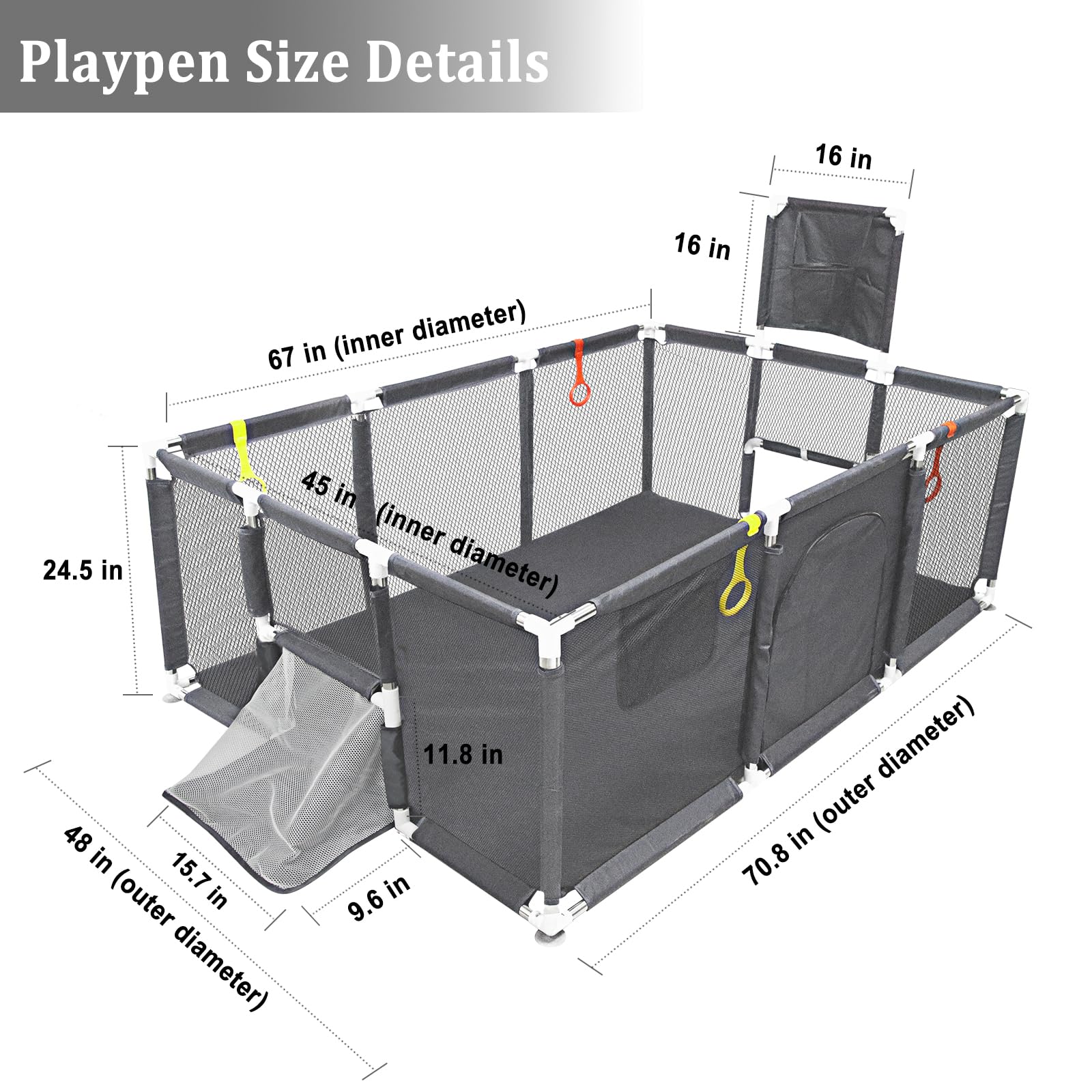Large Baby Playpen 74''×50'', Ball Pit for Toddlers Babies with Basketball Hoop & Soccer Nets, Kids Activity Fence Play Yard with Anti-Slip Base & Soft Breathable Mesh (No Ocean Balls) (Grey)