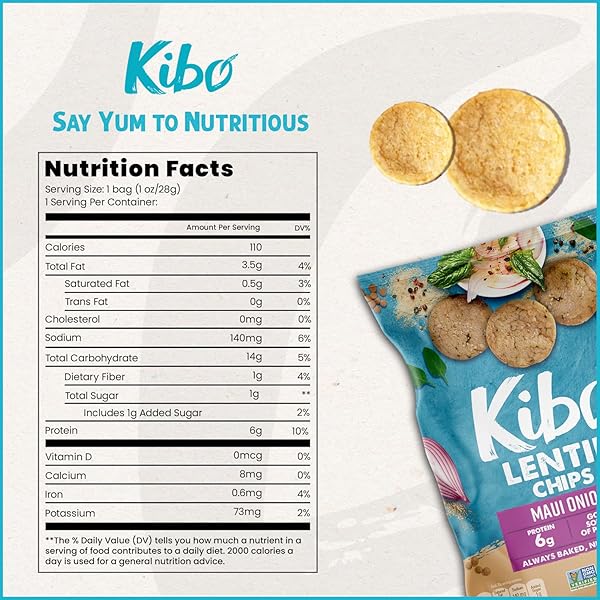 KIBO LENTIL CHIPS MAUI ONION FLAVOR – GLUTEN-FREE, HIGH PROTEIN-FIBER, NON-GMO, PLANT-BASED, MADE WITH REAL VEGGIES – 28G, 12 PACK