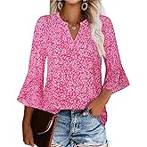 Gaharu Women's Work Blouses Ruffle 3/4 Sleeve Dressy Top V Neck Casual Chiffon Tunic Blouses Business Shirts