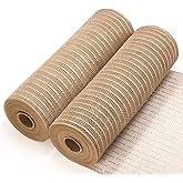 Koopi Deco Mesh 10 inch x 30 feet Each Roll, Set of 2 Tan Burlap with Champagne Metallic Foil Poly Mesh Ribbons for Wreaths, Swags, Craft, Party and Decorating Supplies- 2 Rolls