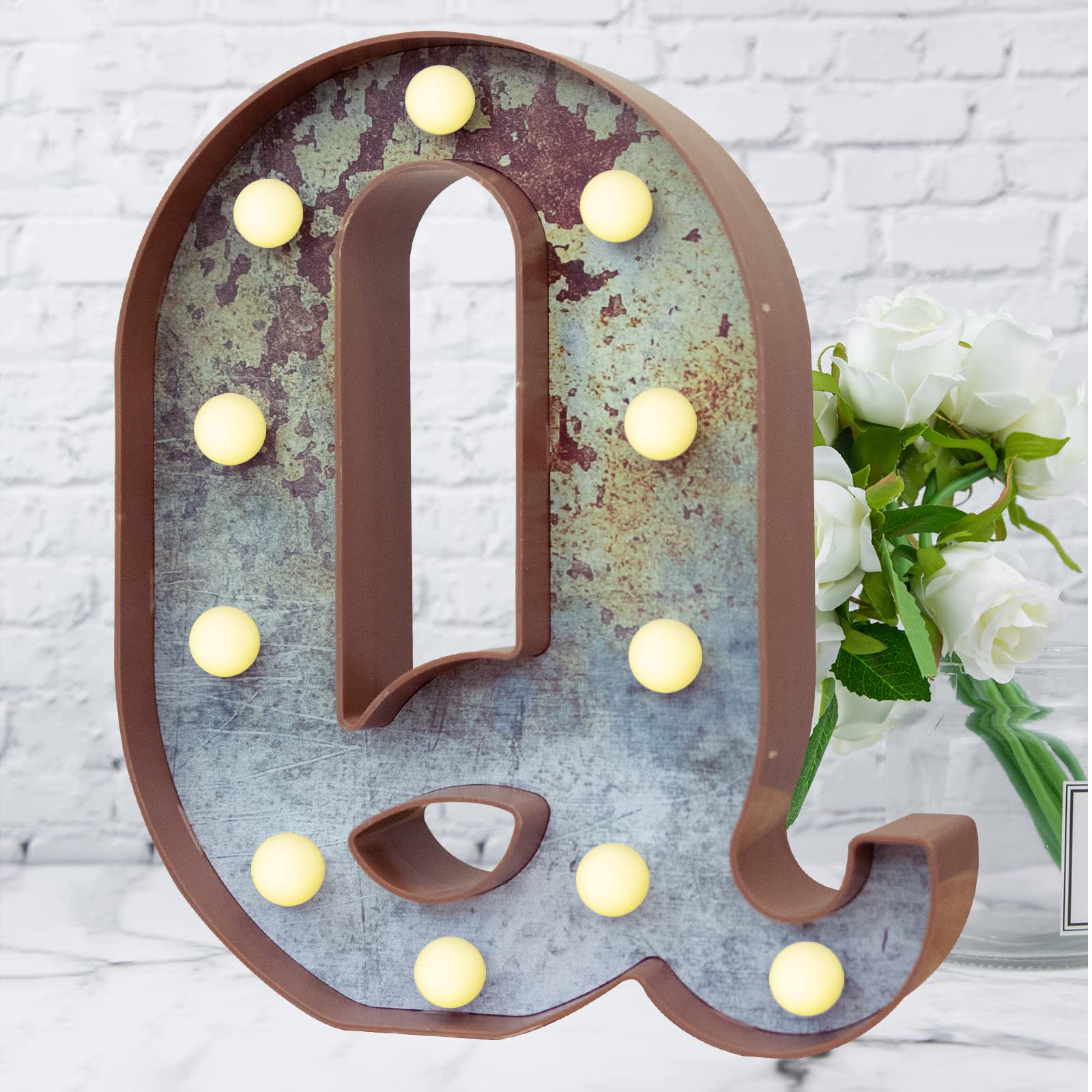 LED Marquee Light Up Letters Industrial Vintage Style Lighted Letters Rust Metal Effect Marquee Letter with Lights Illumination Letter Signs for Christmas Wedding Birthday Party Home Cafe Bar Decor-Q