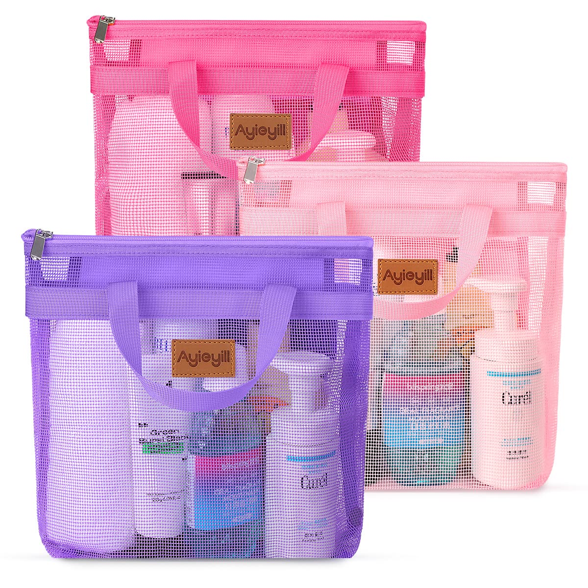 3 Pcs Portable Mesh Shower Caddy Tote, Quick Dry Tote Bag Mesh Beach Bags for Women, Hanging Toiletry and Bath Organizer for Travel Swimming Sports Gym Camp Shopping College Dorms (Pink Purple Rose)