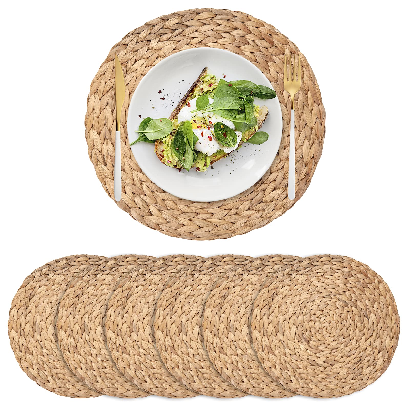 Photo 1 of 6 Pack Woven Placemats, Round Wicker Placemats, Rattan Place mats, Natural Hand-Woven Water Hyacinth Table Mats, Braided Straw Table Mats for Dining Table (11.8 inch)