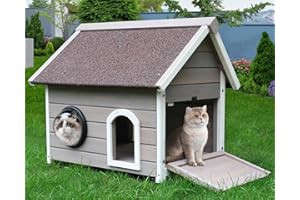 Deblue Outdoor Feral Cat House, Weatherproof Outdoor Cat House with Escape Door, Clear Window and Attic, Large Wooden Stray Cat Shelter for 2-3 Cats-Grey