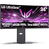 LG 34G600A-B 34-inch Ultragear WQHD (3440 x 1440) Curved Gaming Monitor 160Hz, AMD FreeSync Premium, HDR10, Built-in Speaker, Reader Mode, HDMI 2.1, DisplayPort, Tilt/Height/Swivel Stand, Black