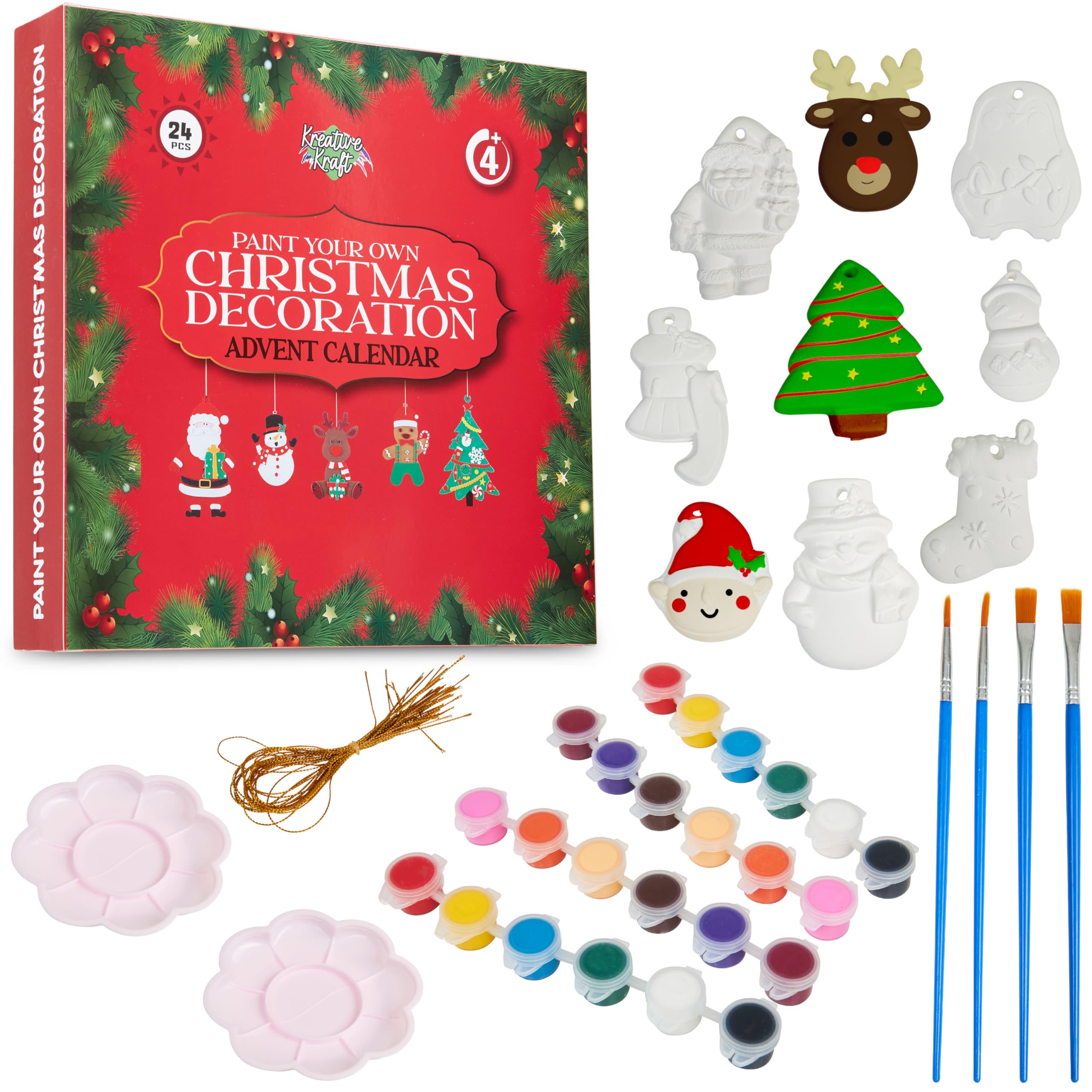KreativeKraft Kids Paint Your Own Christmas Decorations Set - Arts and Crafts for Kids - Family DIY Craft Kit - Santa, Elf, Reindeer Painting Set (Set of 24)