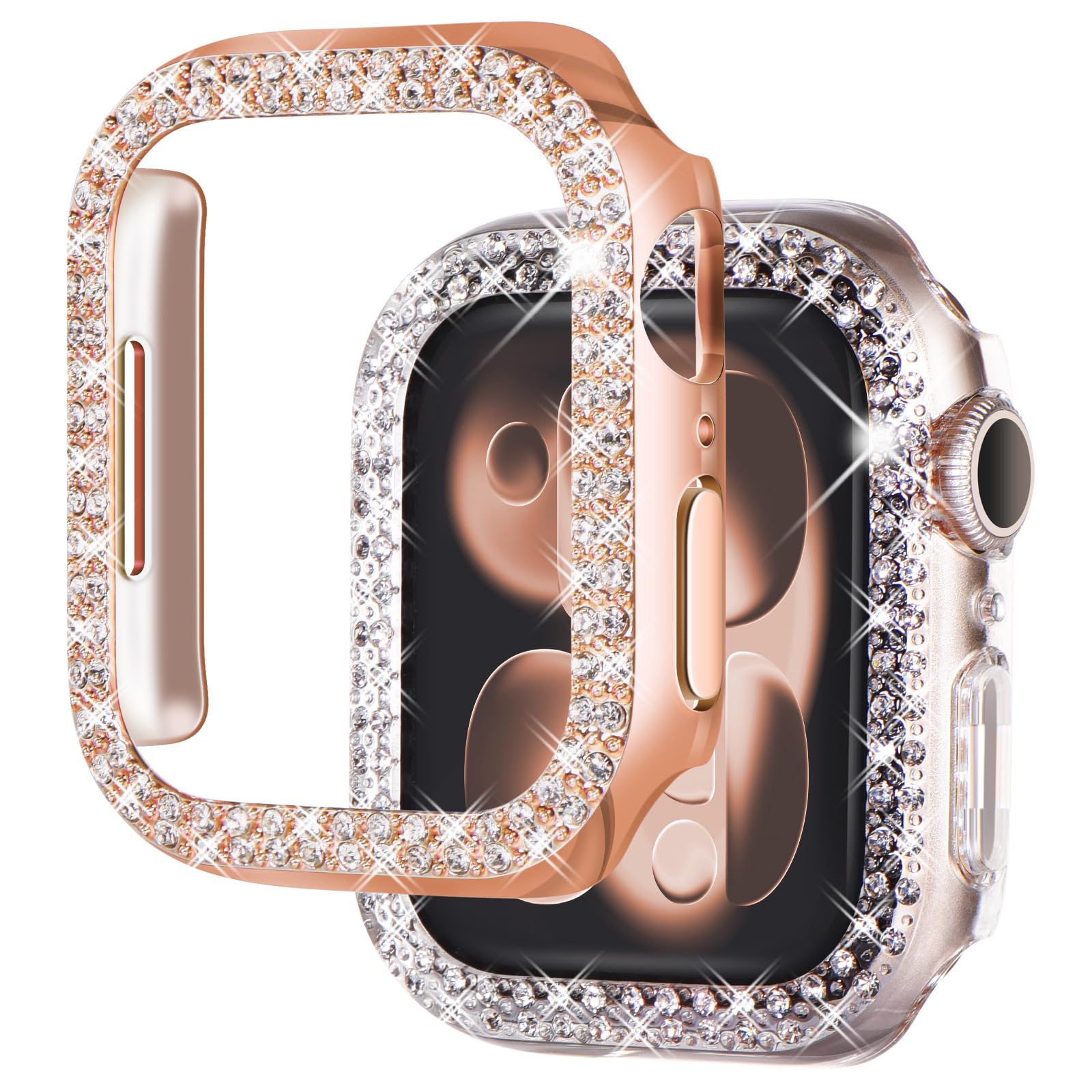 NewWays 2-Pack Women Bling Case Compatible with Apple Watch 45mm Series 9/8/7 Without Protective Film,Overall Protective Bumper Diamond Cases for iWatch 45mm(RoseGold+Clear)