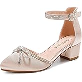 LAURMOSA Girls Sandals Closed Toe High Heels Pointed Toe Ankle Strap Pumps Flower Girl Dressy Shoes in Wedding Party Cute Bowknot Chunky Block Heeled for Little Big Kids