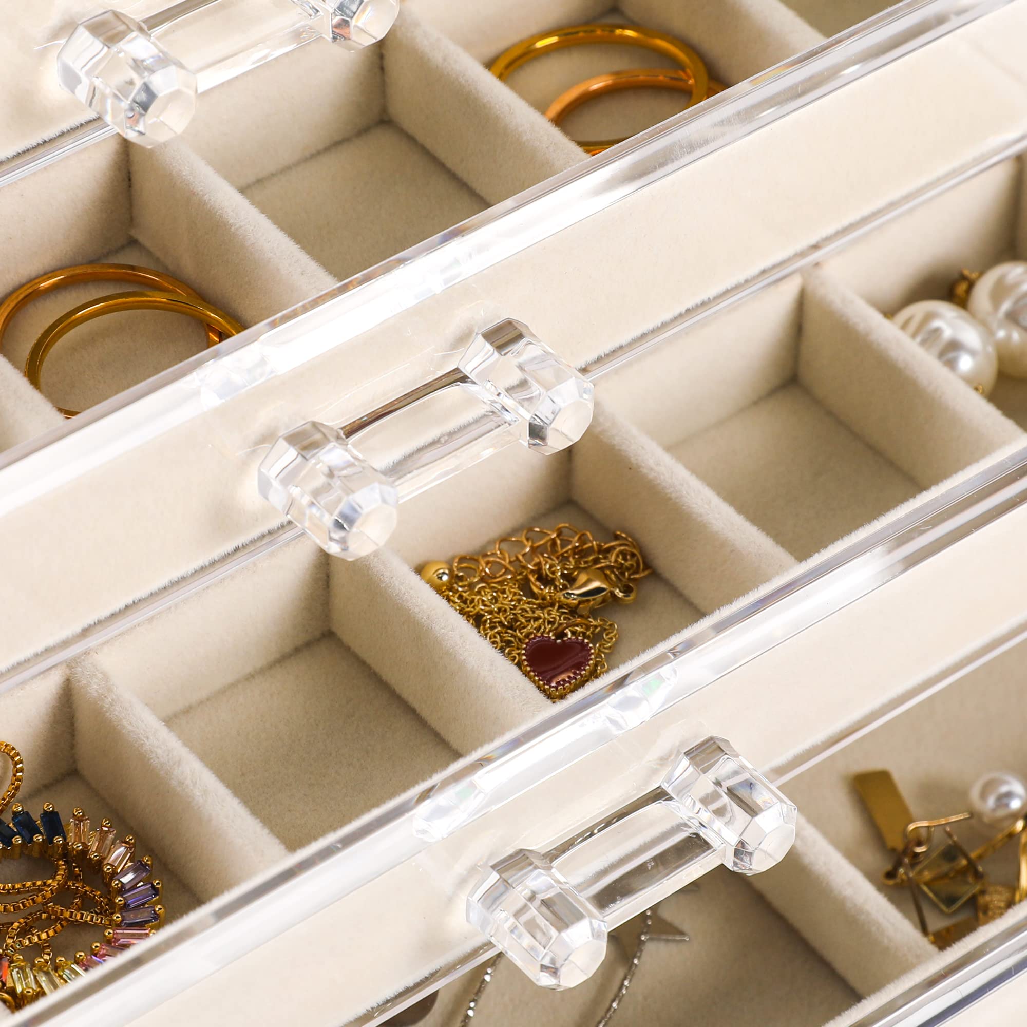 Frebeauty Frebeauty Acrylic Jewelry Organizer Earring Organizer Box with 5 Drawers Earring Holder Organizer with Velvet Trays Clear Jewelry Box for Women Earring Display for Rings Studs(Beige)