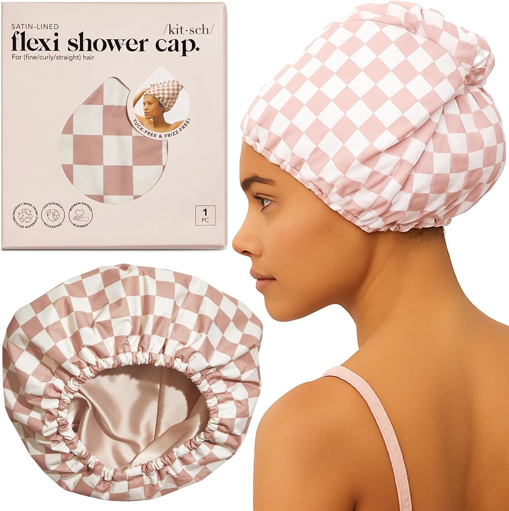Kitsch Luxury Reusable Shower Cap Terracotta Checker Satin Lined Large