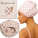 Kitsch Luxury Reusable Shower Cap Terracotta Checker Satin Lined Large