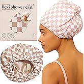 Kitsch Luxury Satin-Lined Flexi Shower Caps for Women Reusable Waterproof - Large Wide Shower Cap for Women & Men, Adjustable