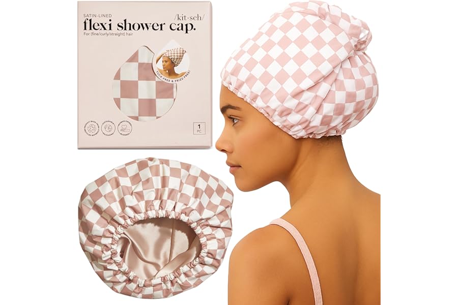 Kitsch Luxury Shower Caps for Women Reusable Waterproof – Flexi Satin Lined, Large Wide Shower Cap for Women & Men, Adjustable, Stylish Hair Cap for Shower, For Long & Short Hair – Terracotta Checker