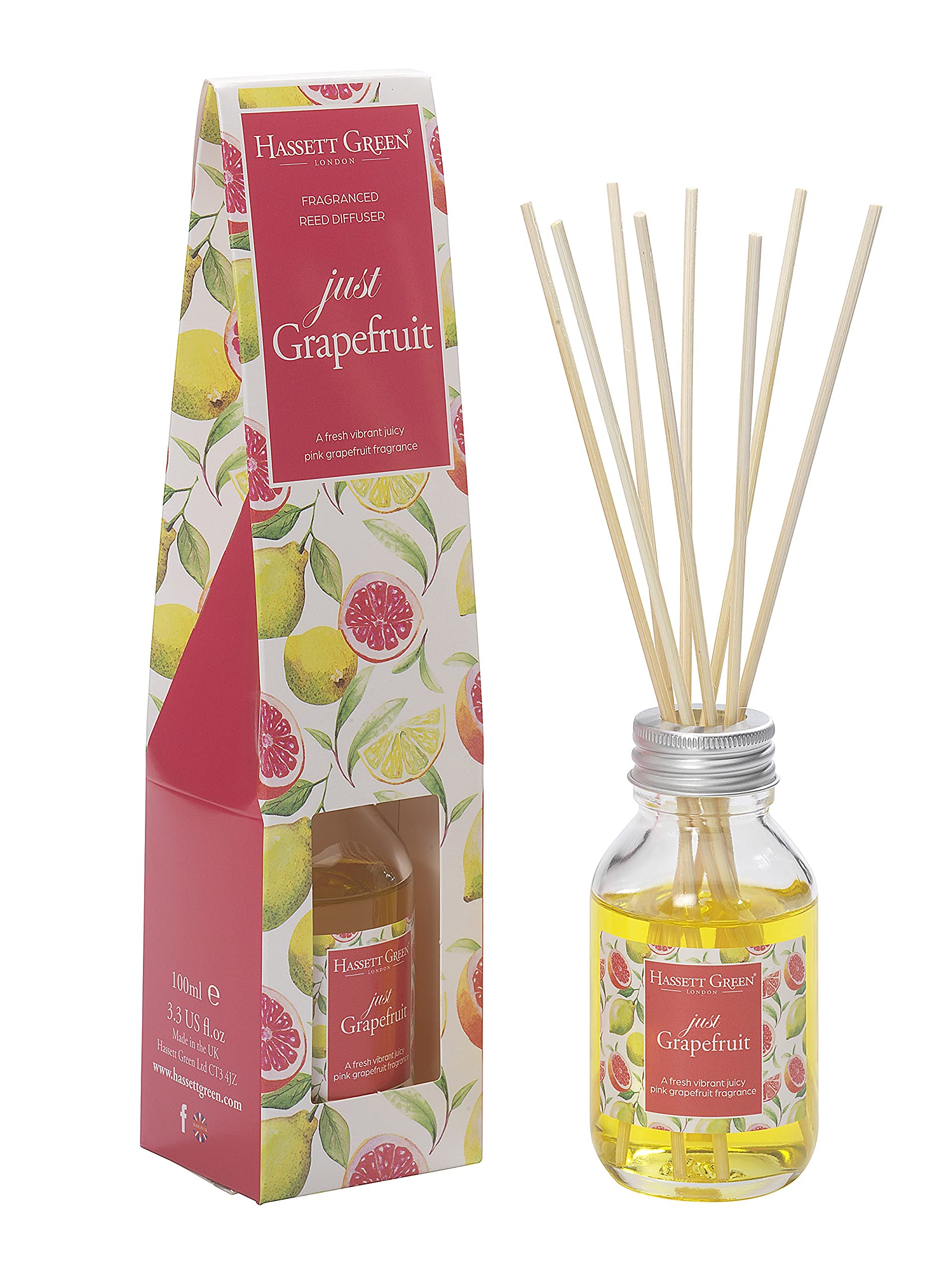 Hassett Green London - Just Grapefruit - Fragrance Oil Reed Diffuser - 100ml Glass Bottle with 8 Rattan Reeds