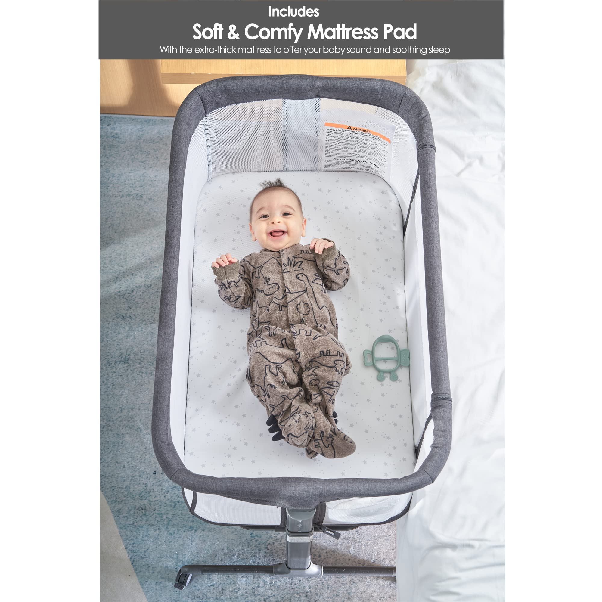 Baby Bassinet Bedside Sleeper with Wheels,Easy Folding Lightweight Crib for Baby/Infants,Breathable Mesh and Adjustable Height - Grey