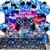 65Pcs Gamer Birthday Party Decorations, Gaming Birthday Party Supplies for Boys with Video Game Backdrop, Cake Toppers, Blue Balloon Arch Kit, Gaming Tablecloth