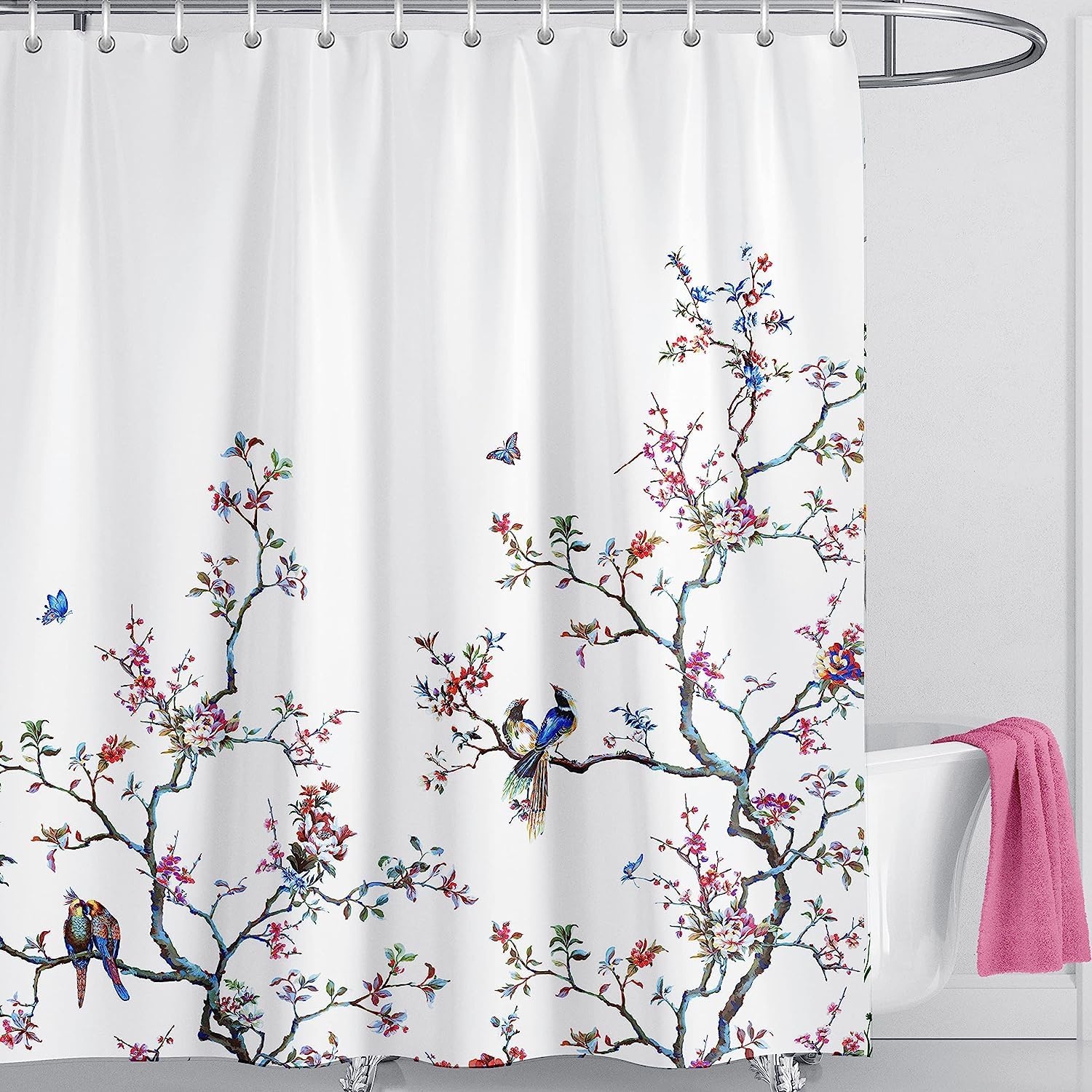 LIVETTY White Bird Extra Long Shower Curtain 180cm × 210cm Drop Floral Butterfly Fabric Bathroom Mould Proof Spring Washable Shower Curtain With 12 Hooks