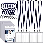 Marspark 100 Pcs Name Tag Lanyards with ID Holder Lanyards for ID Badges Resealable Flat Neck Name Tag with Clip Waterproof Plastic Clear Badges Bulk for School Office Supplies (Dark Blue)