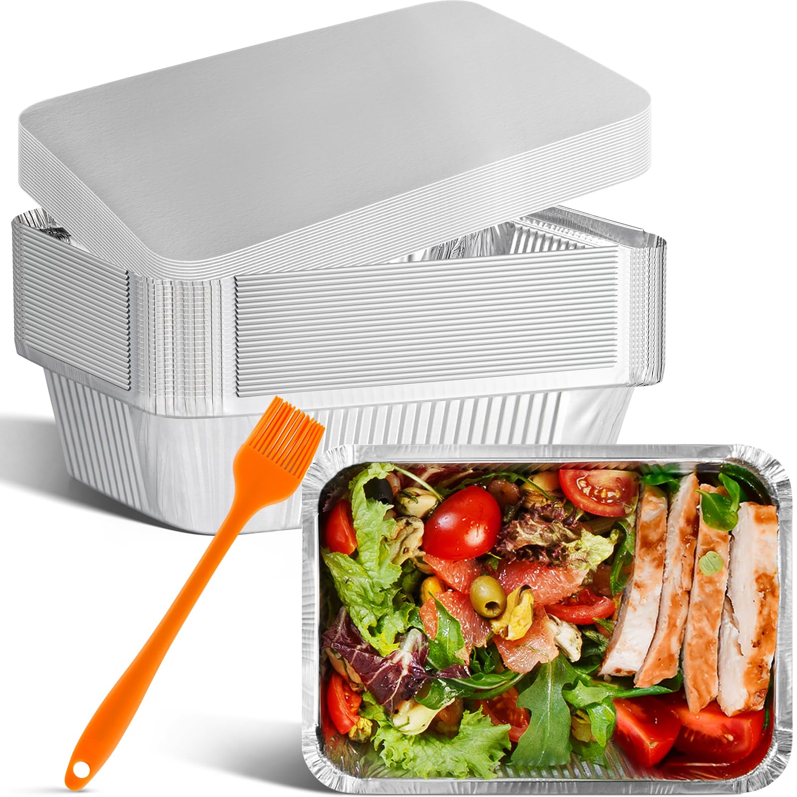30 Pcs Aluminium Foil Trays with Lids and Barbecue Brush, 22x16x5cm/1000ml Foil Food Containers, Catering Trays for Baking, Roasting, BBQ, Broiling, Cooking, Takeaway and Party