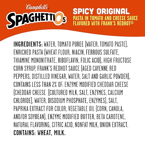 SPAGHETTIOS SPICY ORIGINAL MADE WITH FRANK’S REDHOT, CANNED PASTA, 15.8 OZ CAN