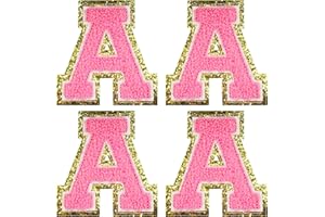 Jongdari Letter Patches Varsity Chenille Iron on Letters Patchs for Clothing, 4pcs English Letter A with Gold Glitters Border, Alphabet Sewing Appliques (Pink A)