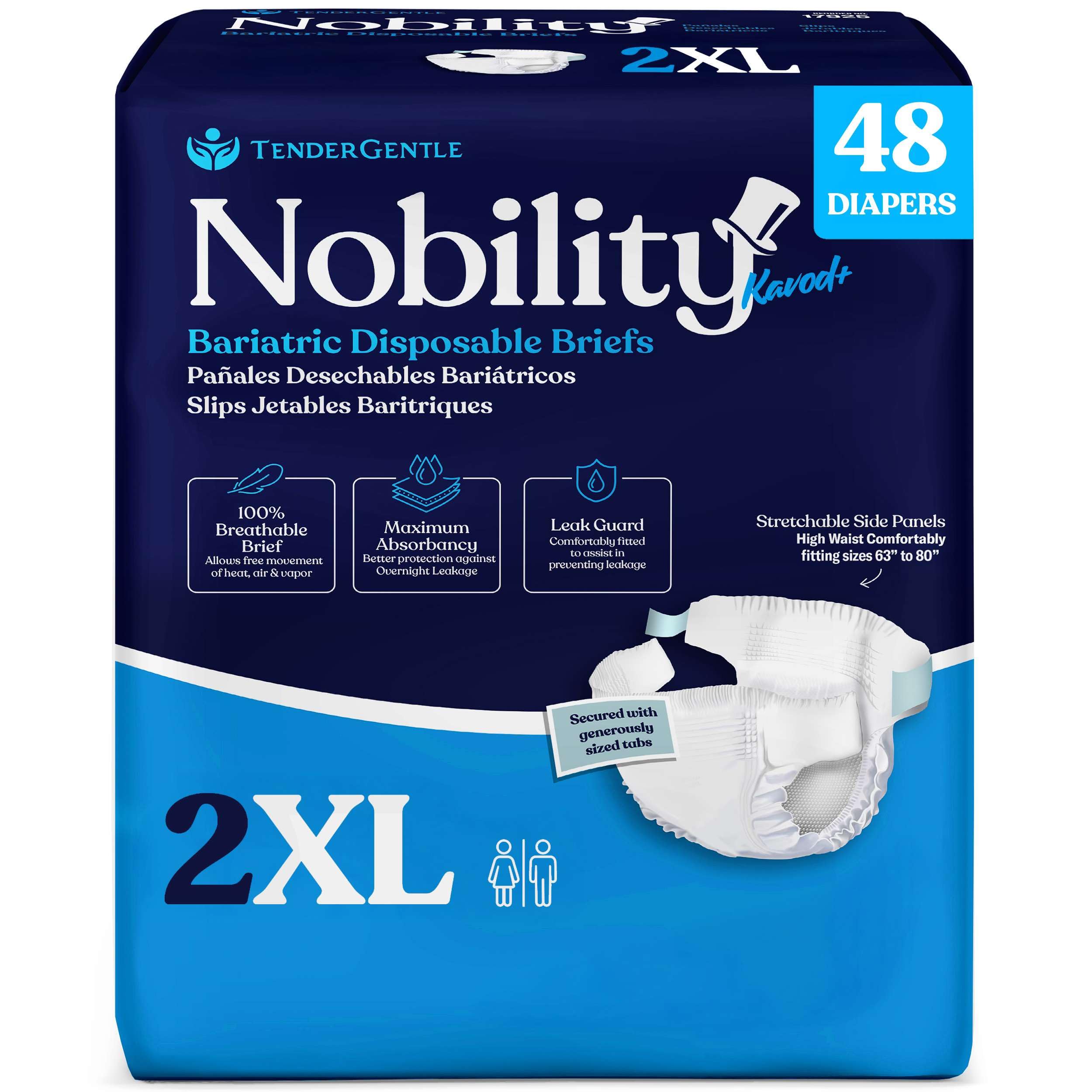 Photo 1 of 2XL Adult Diapers for Women and Men - Case of 48 Bariatric Disposable Briefs with Tabs and Stretchable Side Panels - Breathable with Max Absorbency