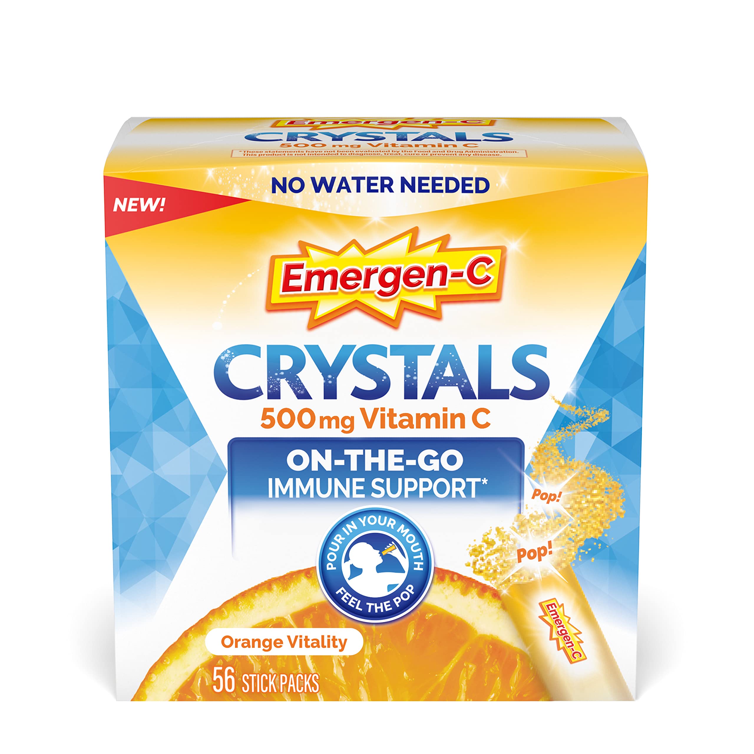 Emergen-C Crystals, On-the-Go Emergen-C Immune Support Supplement with Vitamin C, B Vitamins, Zinc and Manganese, Orange Vitality - 56 Stick Packs
