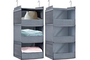 DZOMK 3-Shelf Hanging Closet Organizer, 2 Pack Collapsible Hanging Closet Shelves with 4 Side Pockets for Storage, Hanging Or