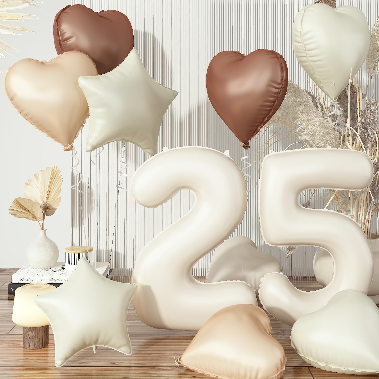 Photo 1 of 25th Birthday Balloons Set, Nude Brown Sand White Neutral Heart Balloon Decor, Cream Beige Tan Foil Number 25 Balloon Star Balloon for Women Men Birthday Anniversary Party Boho Decoration Supplies