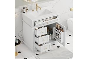 Linique 30" Bathroom Vanity with Sink Combo Set, Solid Wood Frame Bathroom Storage Cabinet with 3 Drawers and a Tip-Out Drawer, Soft Closing Cabinet Door with Organizer, White