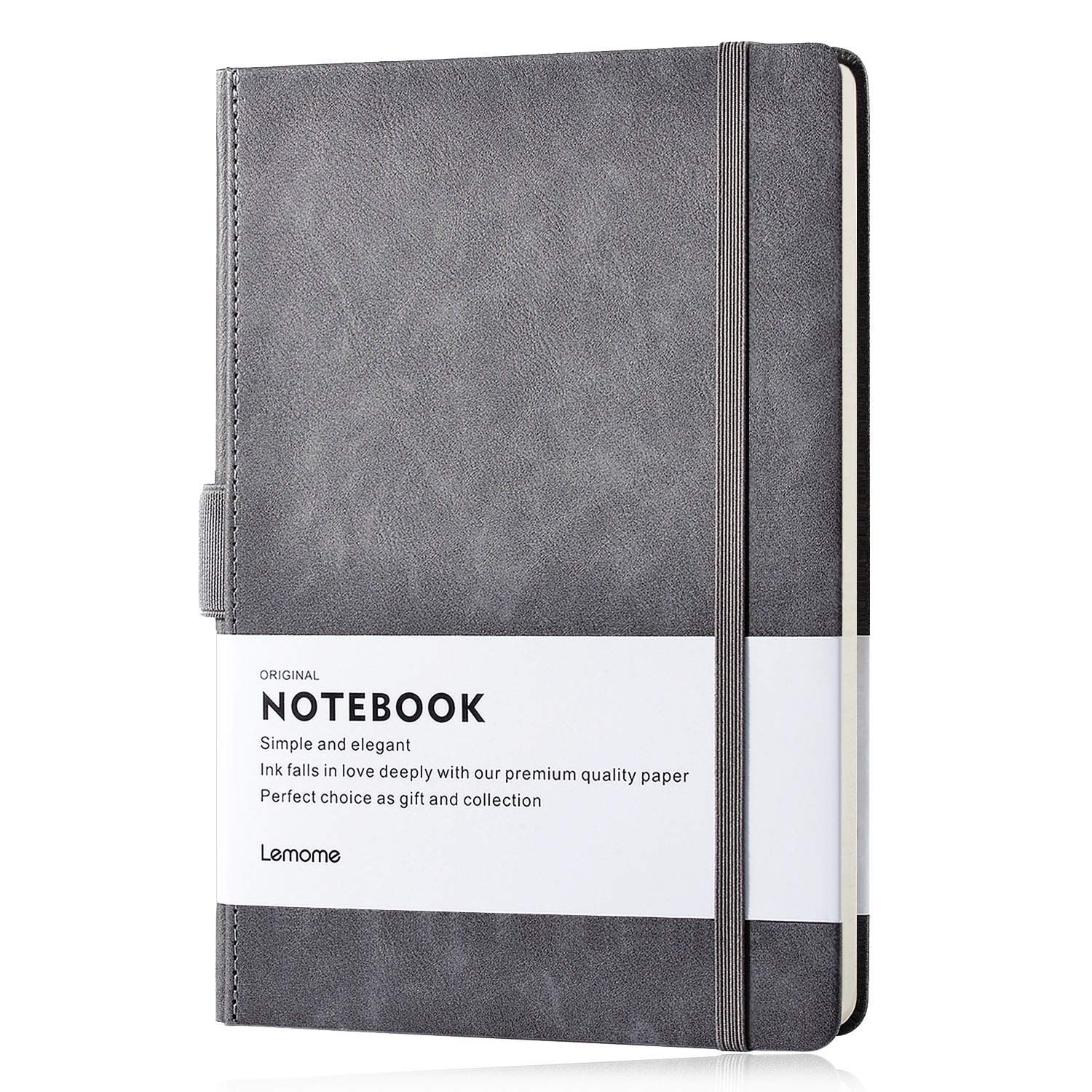 Lemome Thick Classic Notebook with Pen Loop - A5 Wide Ruled Hardcover Writing Notebook with Pocket + Page Dividers Gifts, Banded, Large, 180 Pages, Grey, 8.4 x 5.7 in