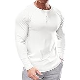 Muhshoiy Men's Slim Fit Muscle Henley Shirts Stretch Long & Short Sleeve T-Shirt Bodybuilding Workout Gym Ribbed Knit Shirt