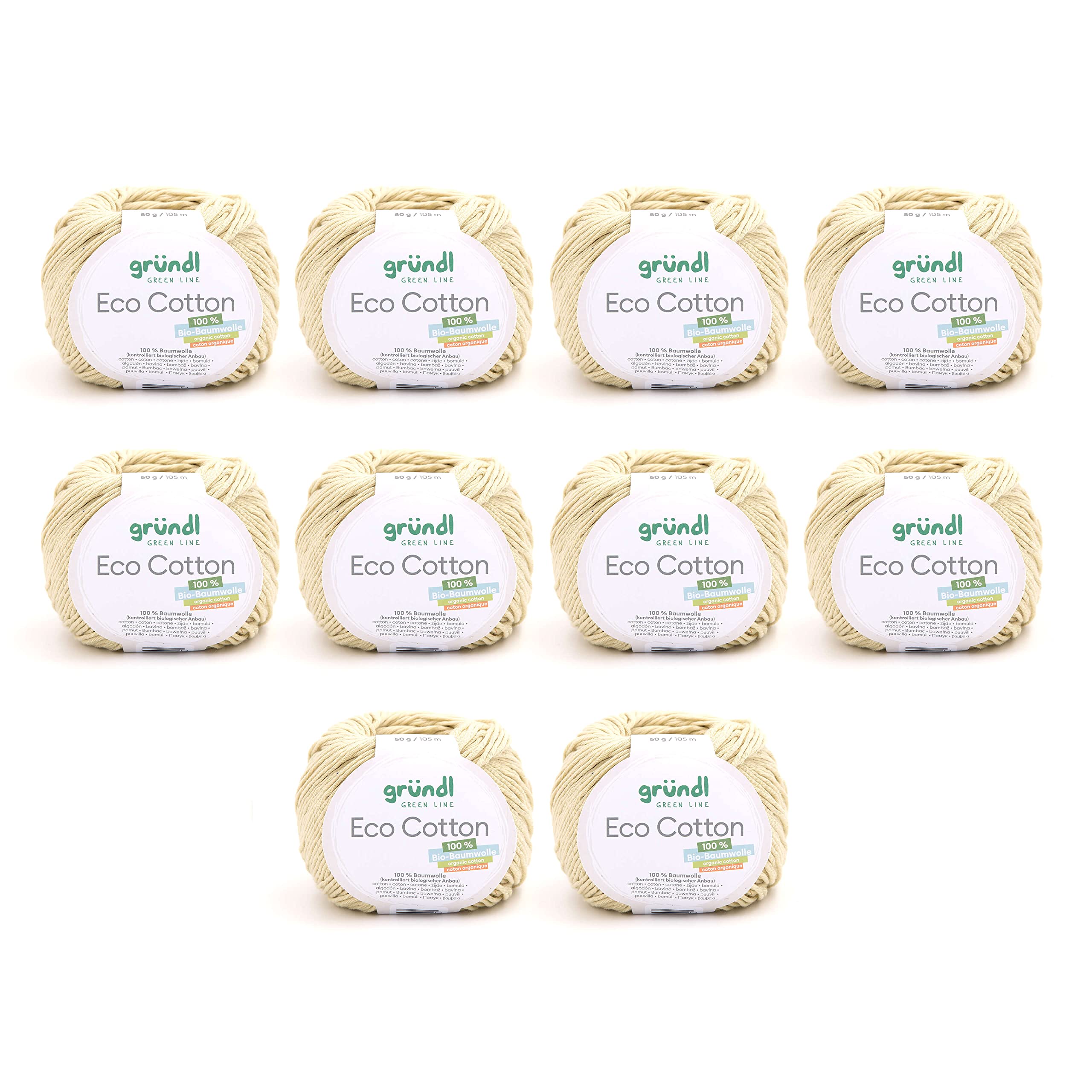 Gründl Eco Cotton Wool - Wool for Crochet - Wool for Knitting - Crochet Yarn - Soft and Skin Friendly - 100% Organic Cotton - 10 Balls 50 g / 105 m - Needle Size 3.5-4.5 - Sage