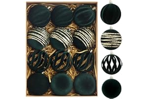 5TH LILY Christmas Ornaments Set of 12, 3.15" Flocked Velvet Balls with Hand Painted Designs,Emerald Green Elegant Christmas Tree Decorations in Gift Box