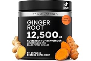 Toniiq Ginger Root Capsules – Ultra High Potency 25:1 Extract with 20% Gingerols – with Curcumin & Black Pepper for Synergy – Lab Tested – 60 Capsules
