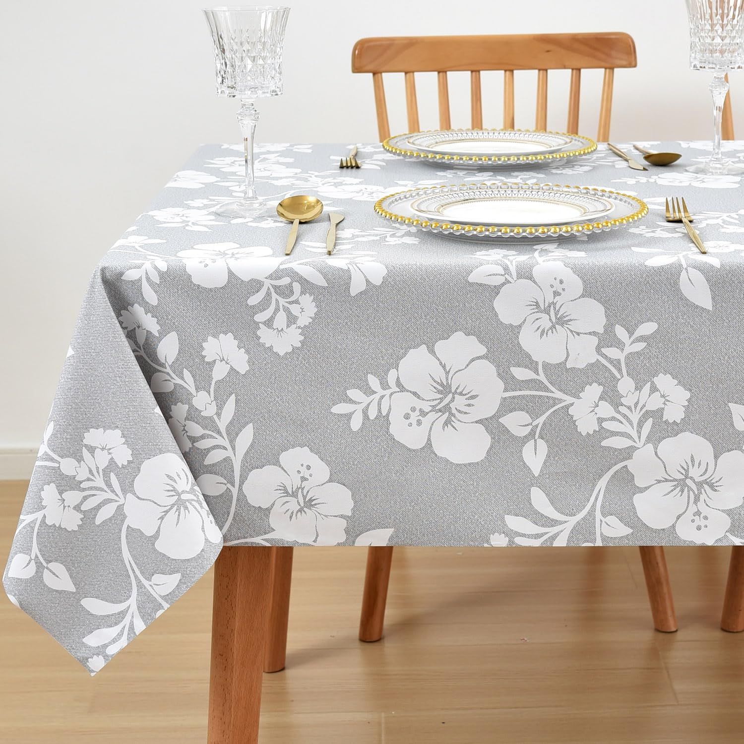 LOHASCASA Vinyl Plastic PVC Tablecloth Waterproof Oilcloth Wipeable PVC Padded Spillproof Autumn Camper Card Table Tablecloths Small Square 54x54 for Coffee Table Gray White Flowers
