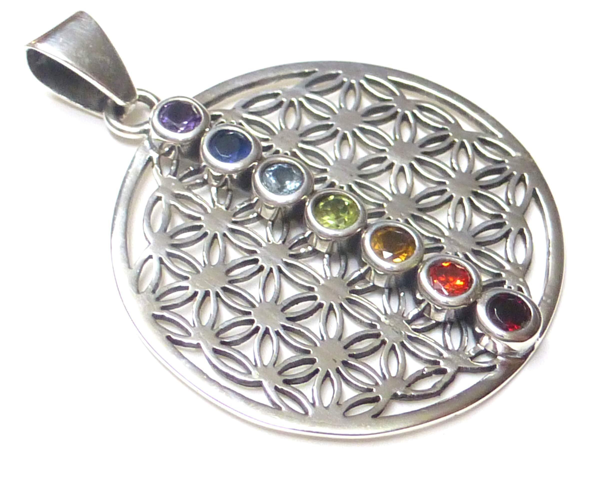 Silberschmuck - BG Chakra Pendant Necklace Flower of Life with Chakra Stones Sterling Silver 3.0 cm Protection Symbol