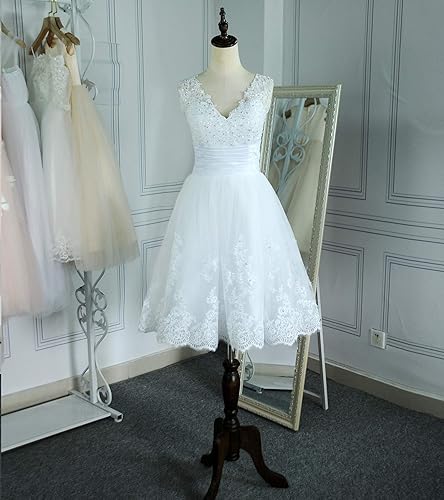 Short Lace Wedding Dresses Knee Length Travel Tulle Rhinestones V