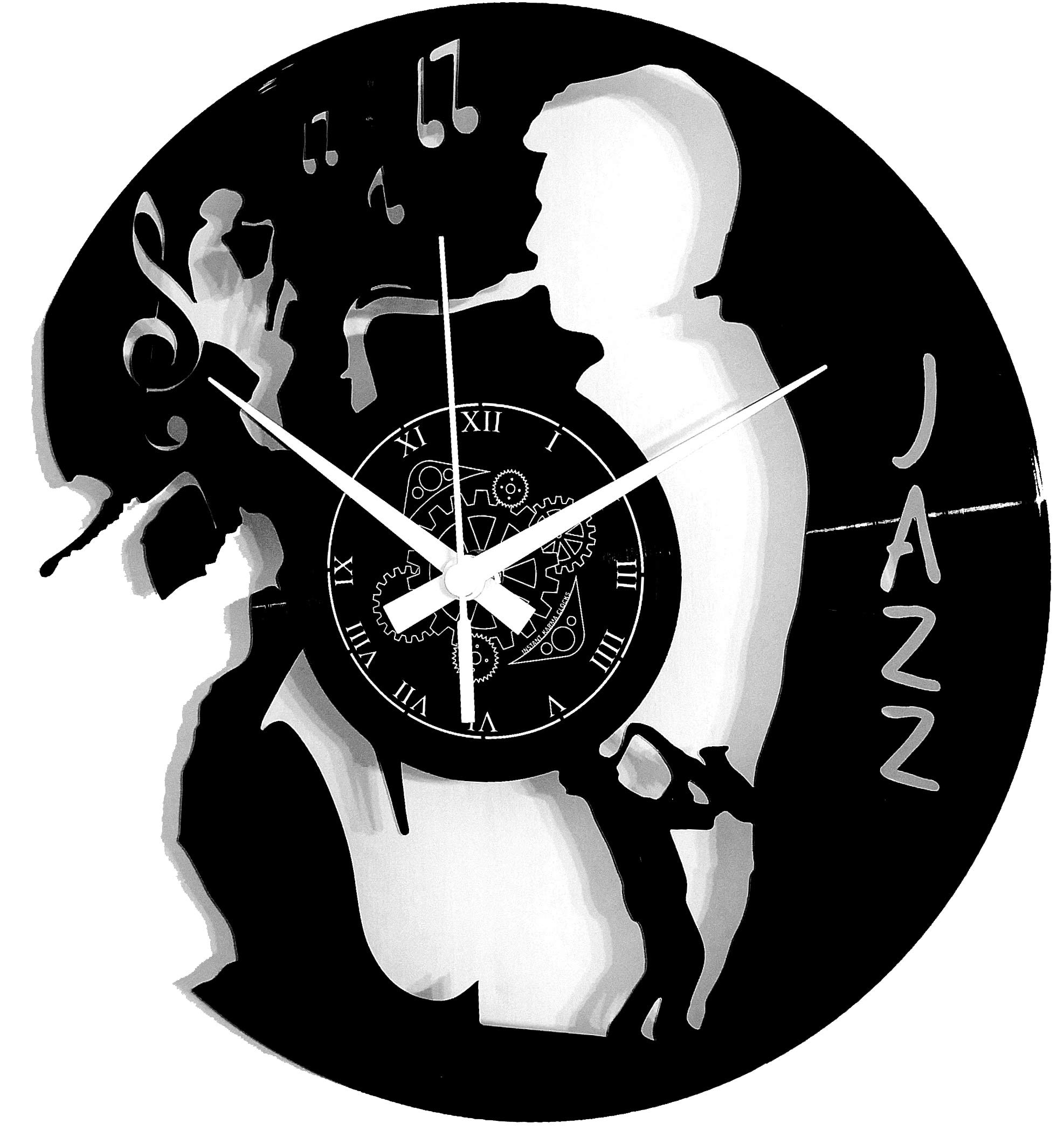 Instant Karma Clocks | Jazz Wall Clock with Saxophone and Musician Silhouette – Silent No-Ticking | Perfect for Bedroom, Office, Studio, Cabin, Living Room | Unique Decoration