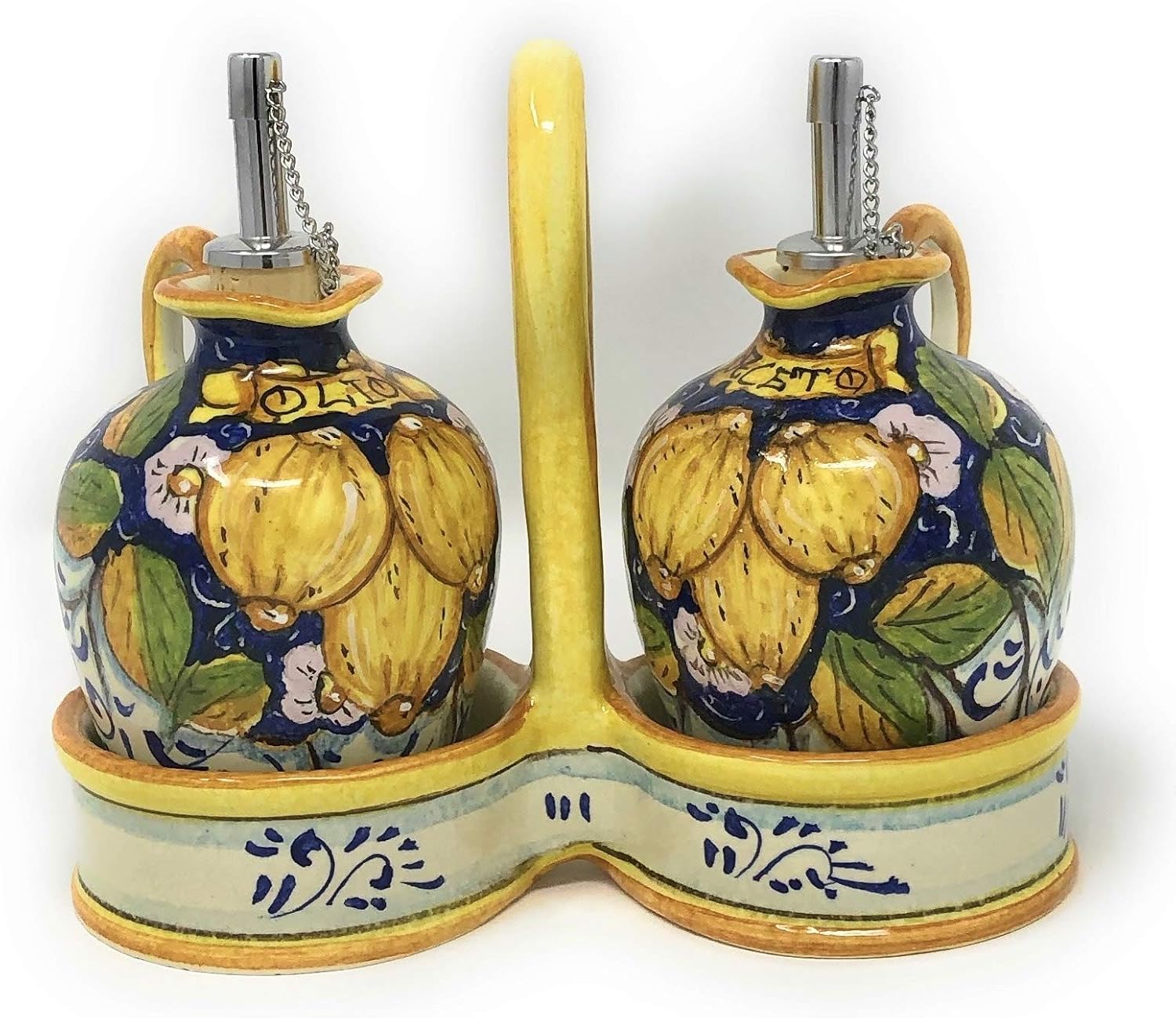 Paintings - CERAMICHE D'ARTE PARRINI - Italian Ceramic Set Dispenser Oil Cruet and Vinegar Art Pottery Hand Painted Three Lemons Made in ITALY Tuscan